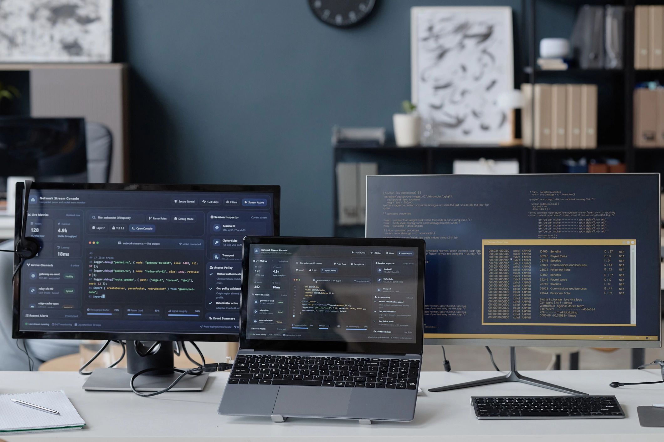 Developer workstation showing cybersecurity monitoring tools